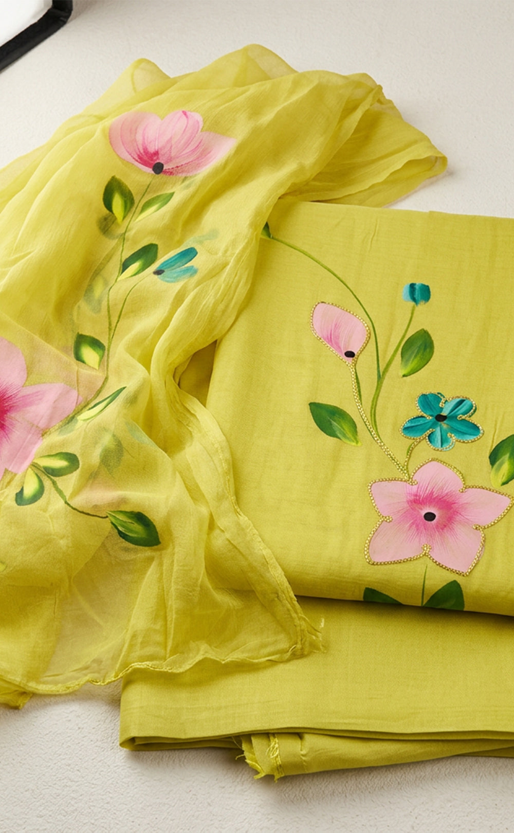 Mustard Yellow Roman Silk Brush Printed Un-Stitched Dress Material