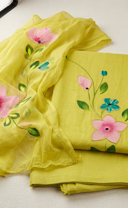 Mustard Yellow Roman Silk Brush Printed Un-Stitched Dress Material
