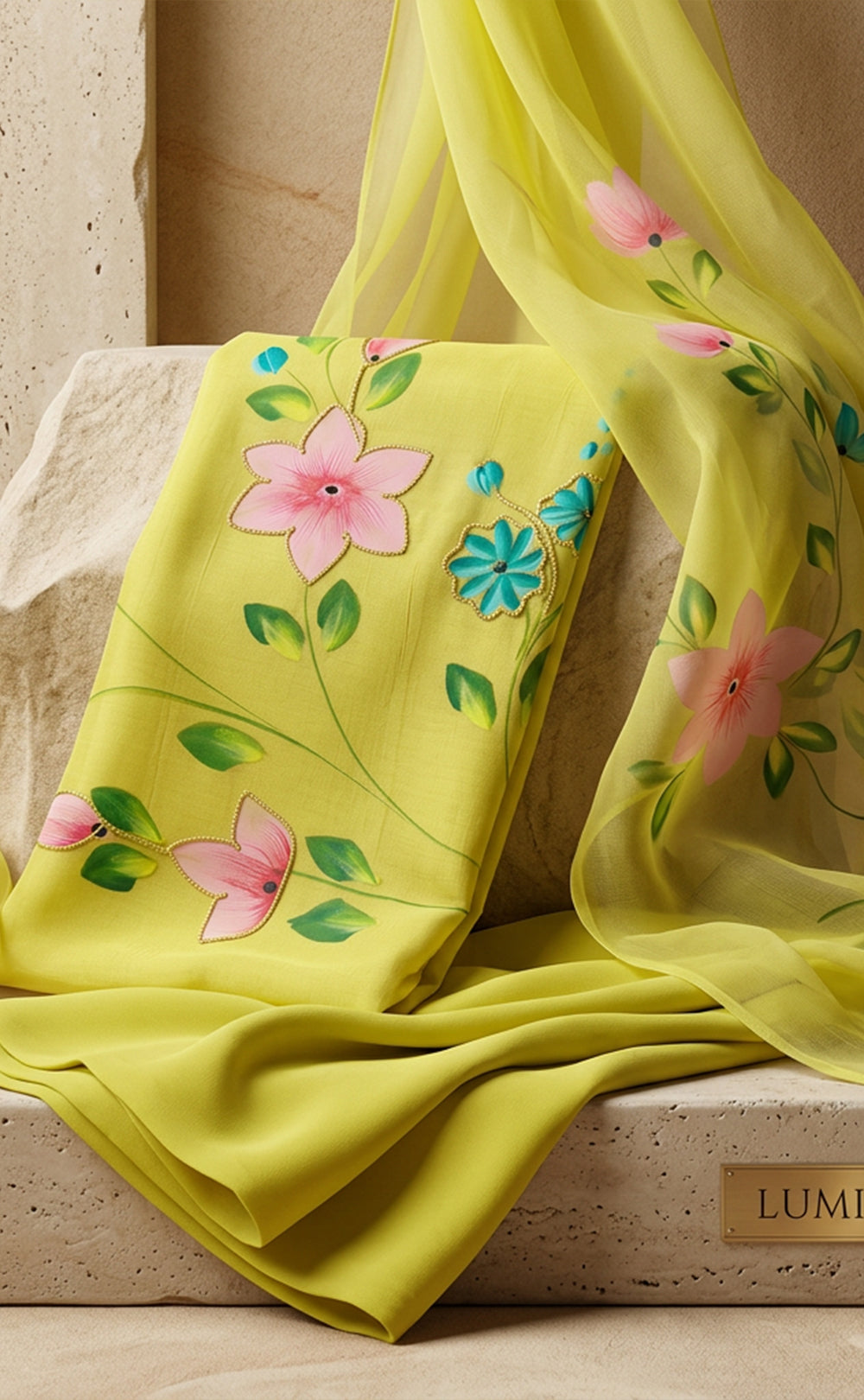 Mustard Yellow Roman Silk Brush Printed Un-Stitched Dress Material