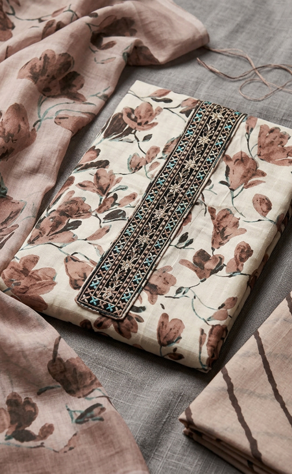 Coffee Cotton Floral Printed Un-Stitched Dress Material