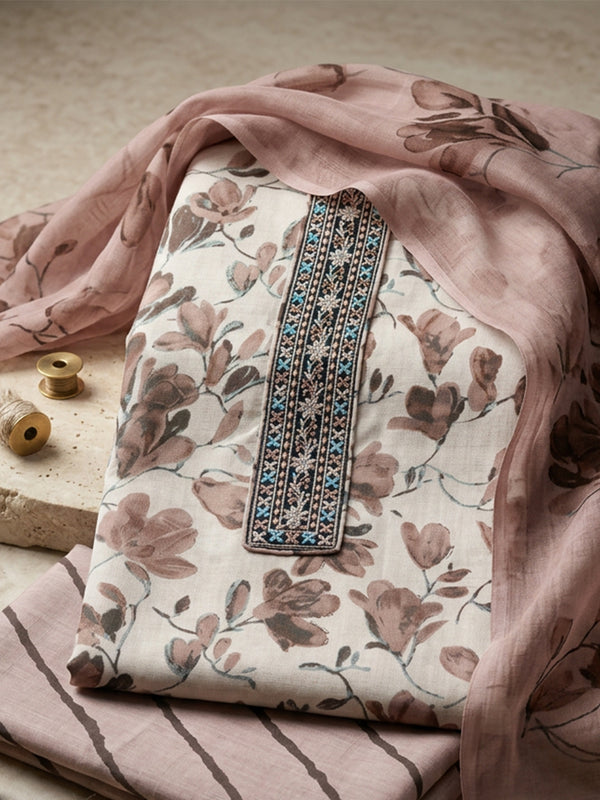 Coffee Cotton Floral Printed Un-Stitched Dress Material