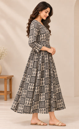 Cream With Grey Cotton Mango Printed Flare Kurti