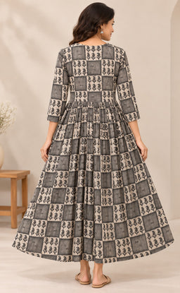 Cream With Grey Cotton Mango Printed Flare Kurti