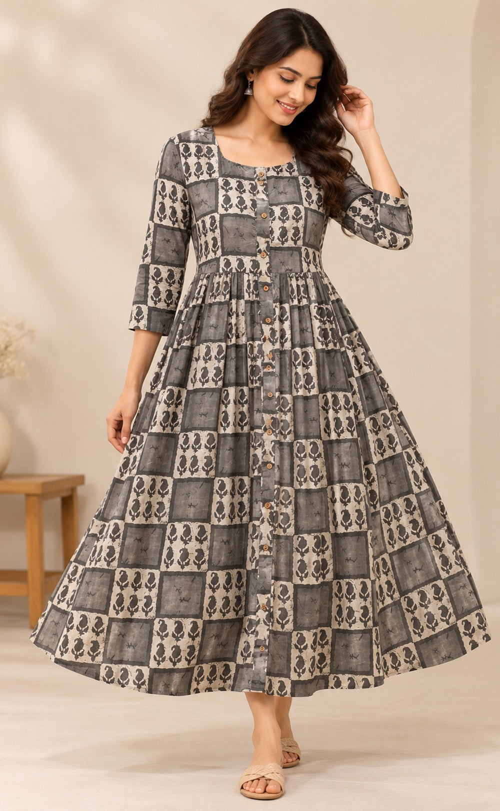 Cream With Grey Cotton Mango Printed Flare Kurti
