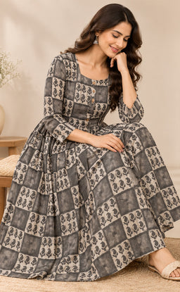 Cream With Grey Cotton Mango Printed Flare Kurti