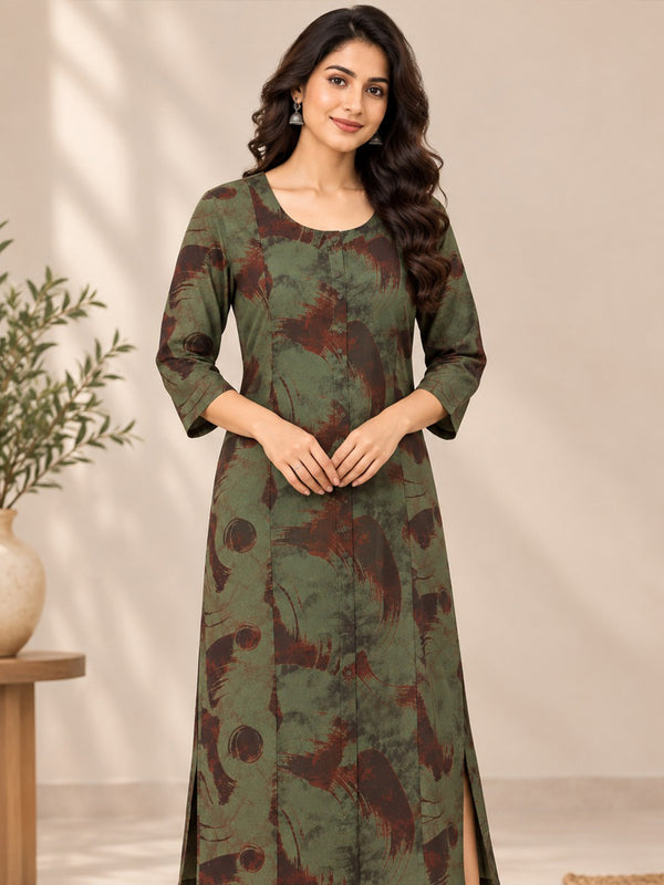 Forest Green Rayon Abstract Printed Straight Kurti