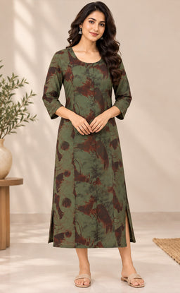 Forest Green Rayon Abstract Printed Straight Kurti
