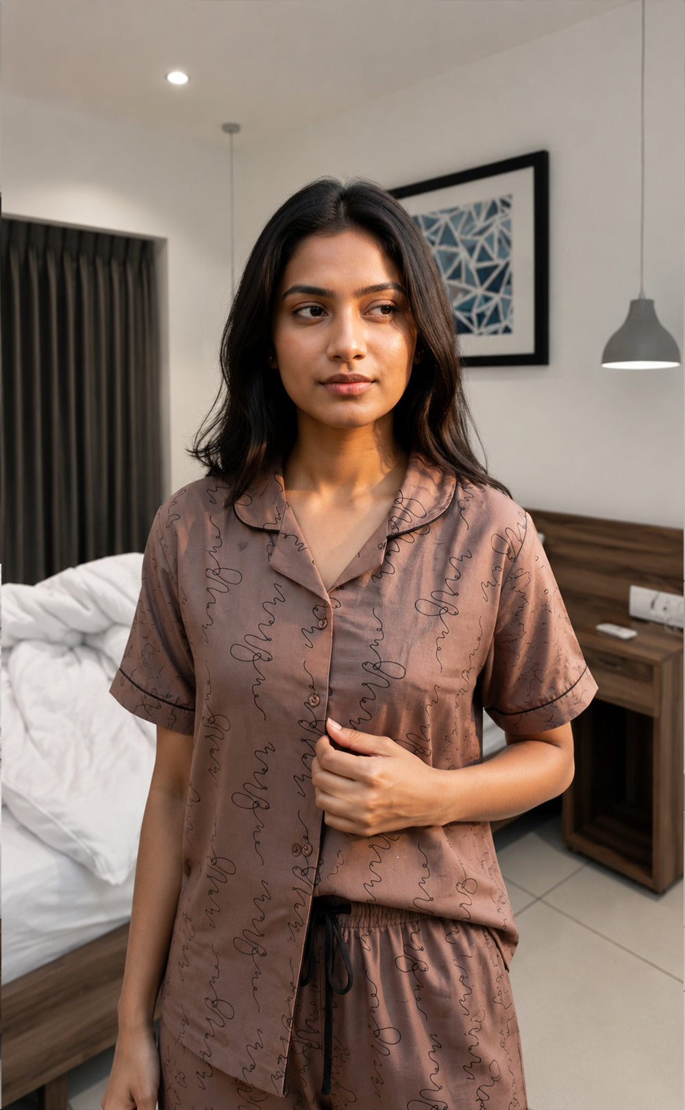 Chocolate Brown Abstract Printed Night Suit