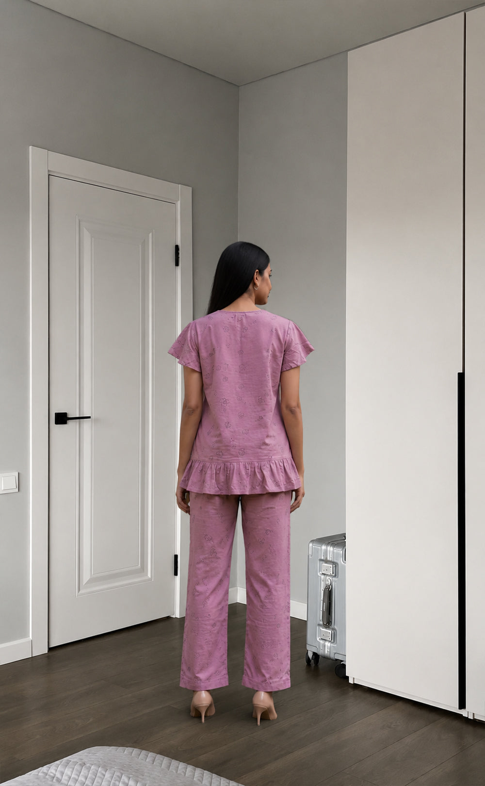 Light Purple All-Over Cartoon Cloud Printed Night Suit