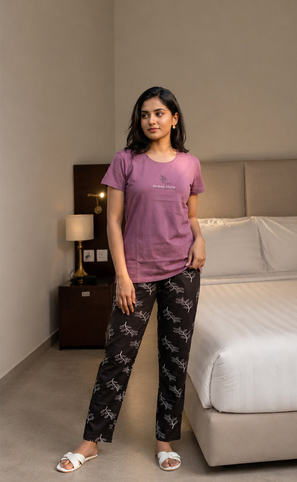 Mauve Leaf Printed Night Suit