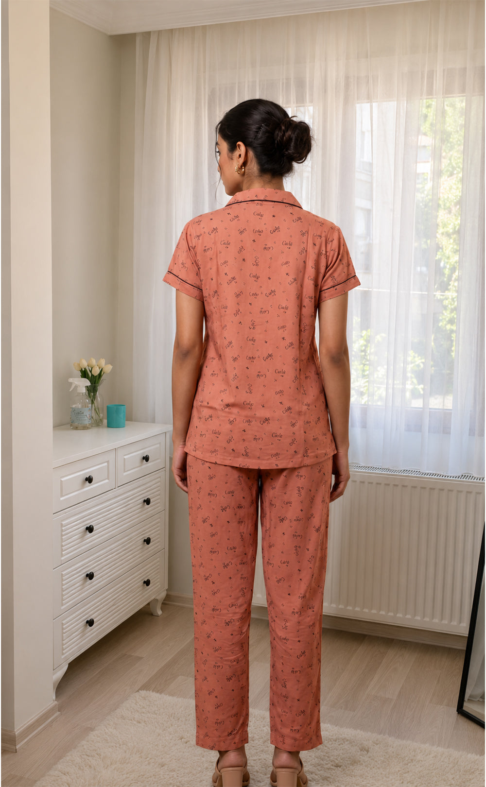 Peach Little Heart Printed Night Suit