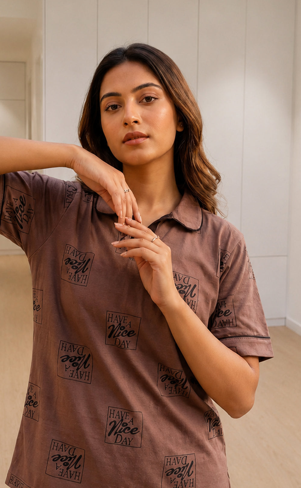 Pinkish Brown All-Over Placement Printed Night Suit