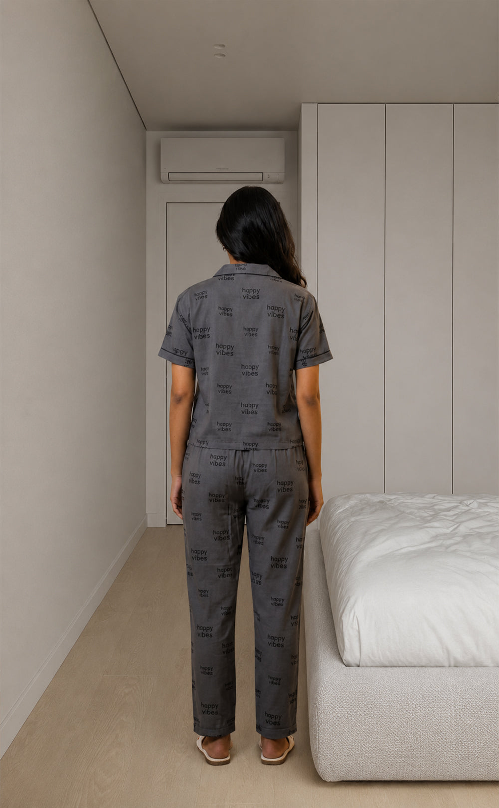 Dark Grey All-Over Text Printed Night Suit