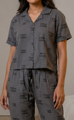 Dark Grey All-Over Text Printed Night Suit