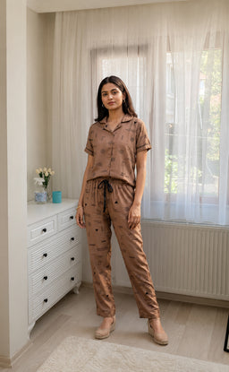 Brown All-Over Alphabet Printed Night Suit