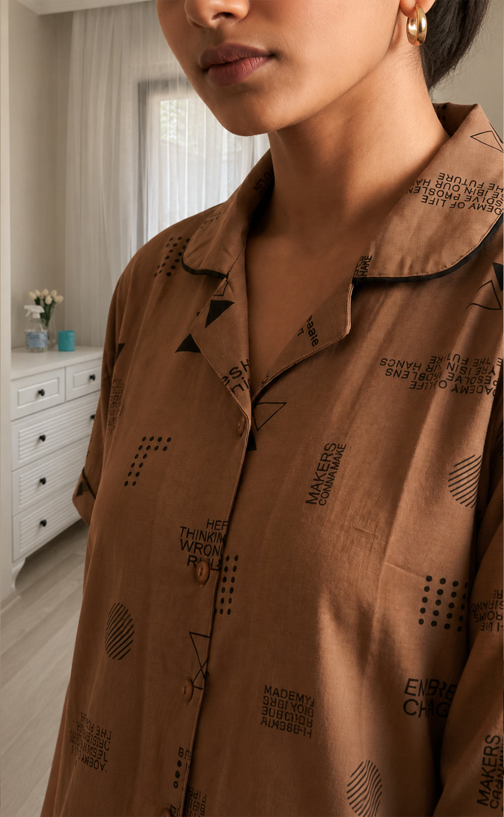 Brown All-Over Alphabet Printed Night Suit