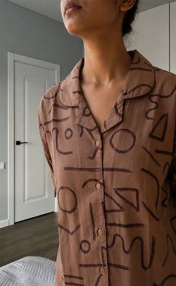Coffee Colour All-Over Abstract Printed Night Suit