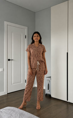 Coffee Colour All-Over Abstract Printed Night Suit
