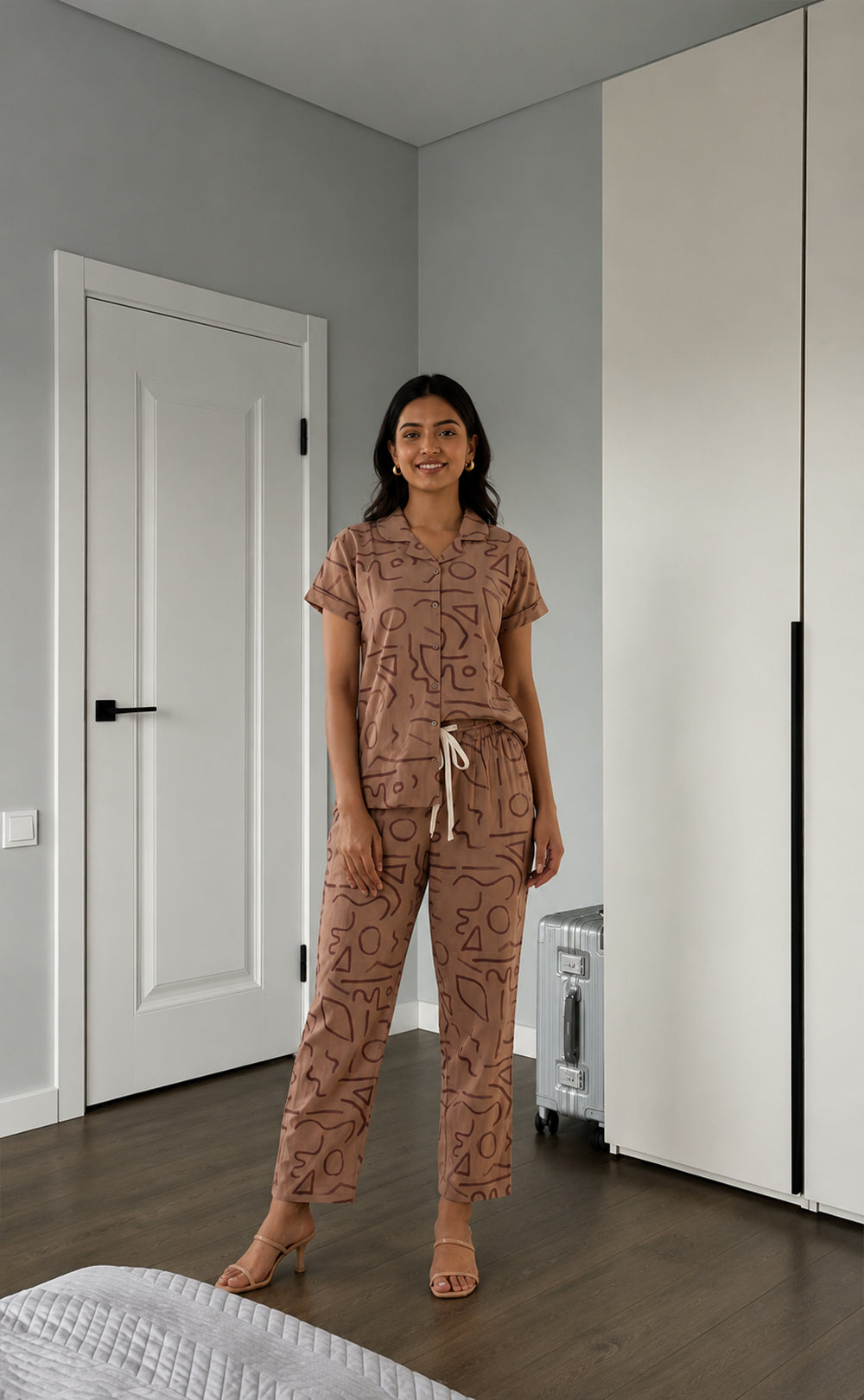 Coffee Colour All-Over Abstract Printed Night Suit