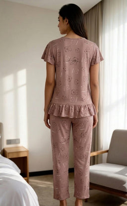 Coffee Brow All-Over Teddy Bear Printed Night Suit