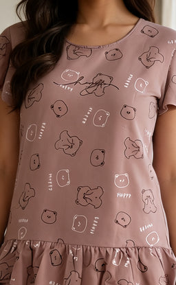 Coffee Brow All-Over Teddy Bear Printed Night Suit