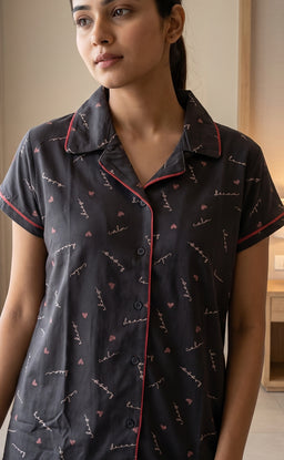 Dark Grey All-Over Text And Little Heart Printed Night Suit