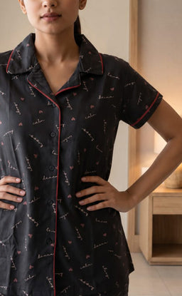Dark Grey All-Over Text And Little Heart Printed Night Suit