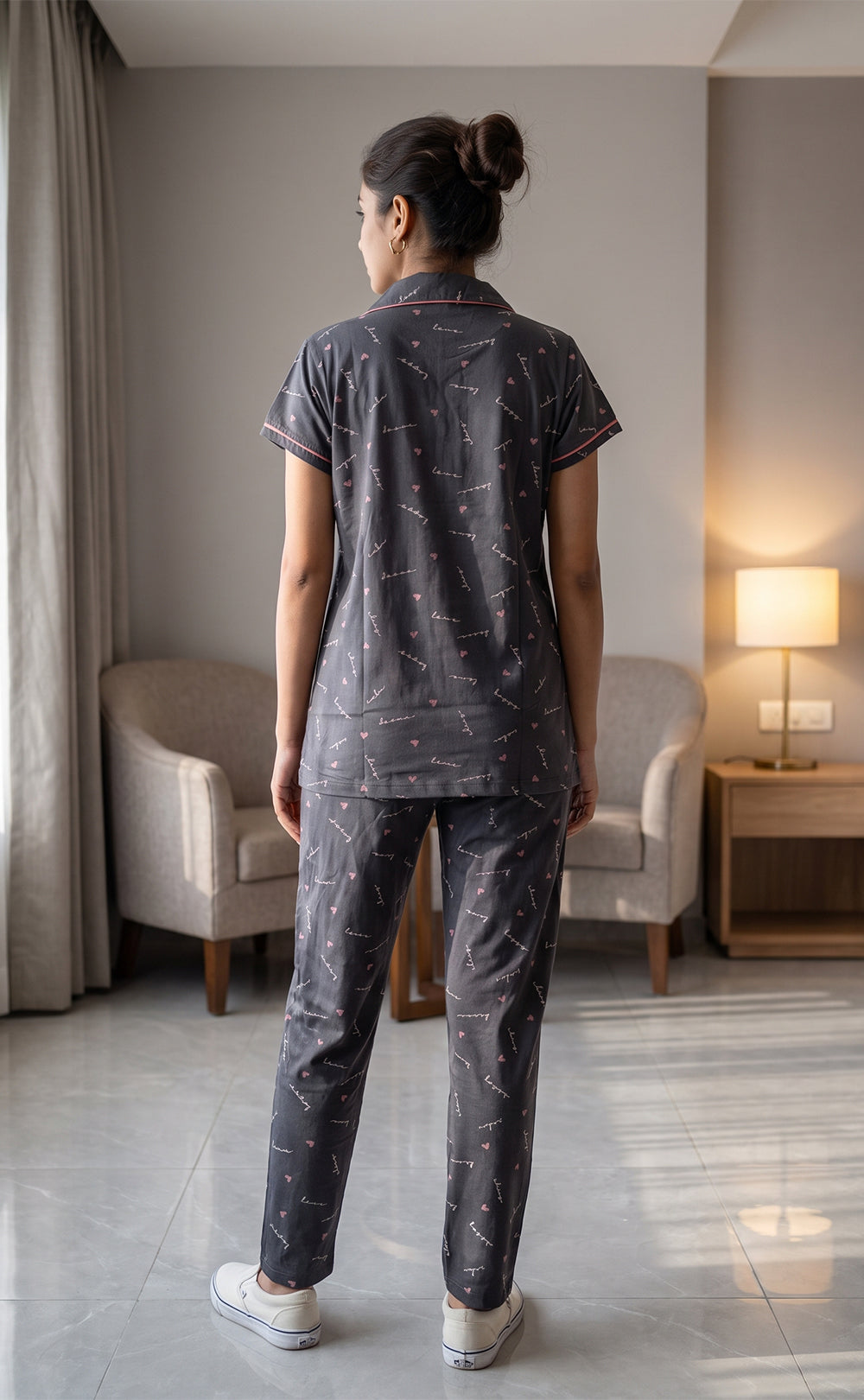 Dark Grey All-Over Text And Little Heart Printed Night Suit