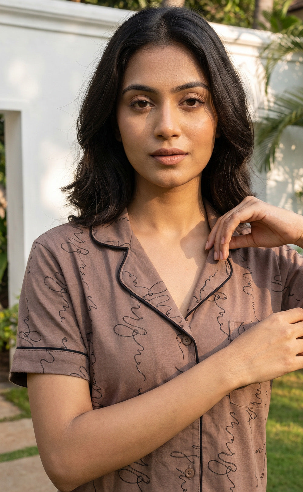Chocolate Brown Abstract Printed Night Suit