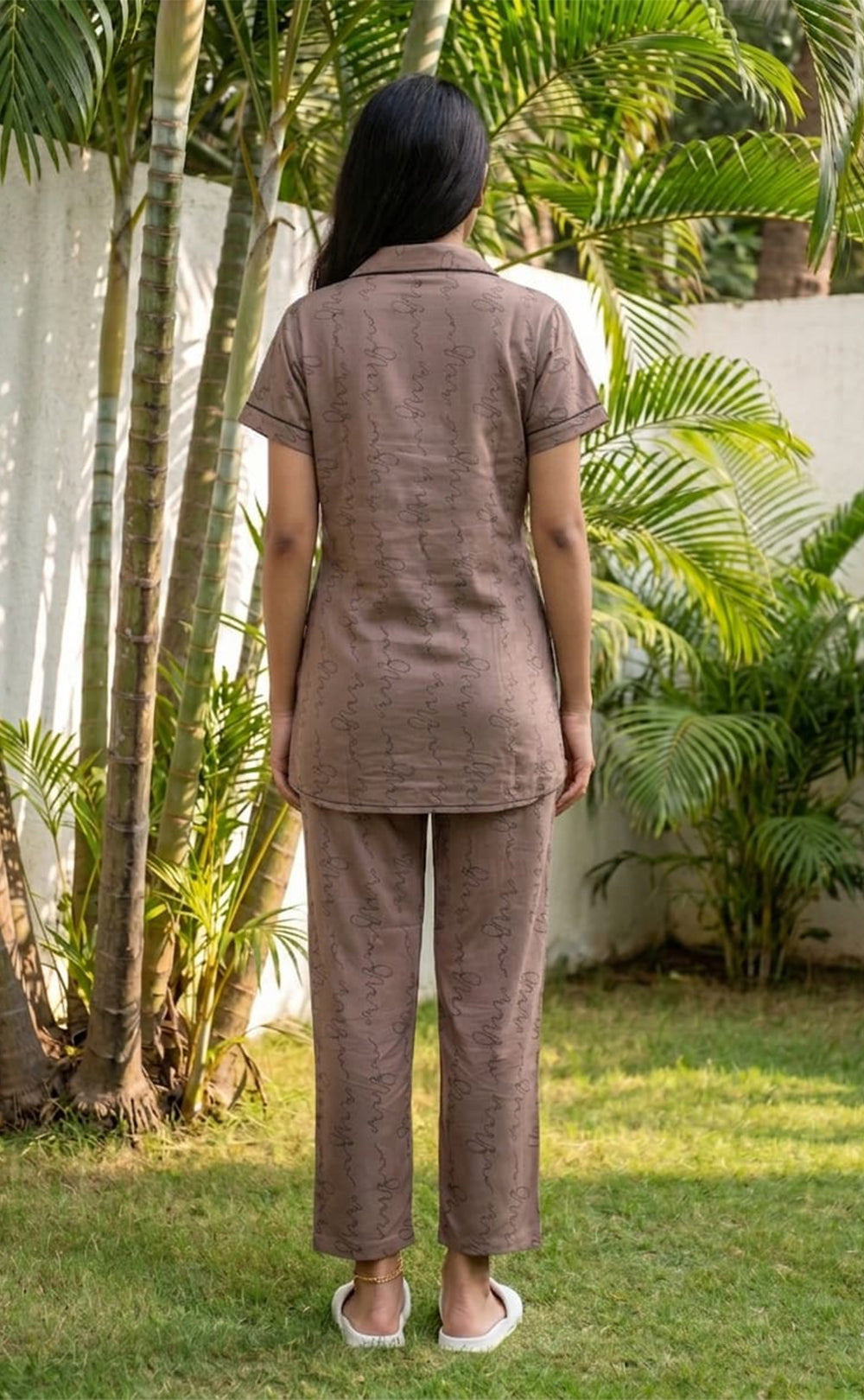 Chocolate Brown Abstract Printed Night Suit