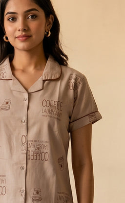 Coffee All-Over Text Printed Night Suit