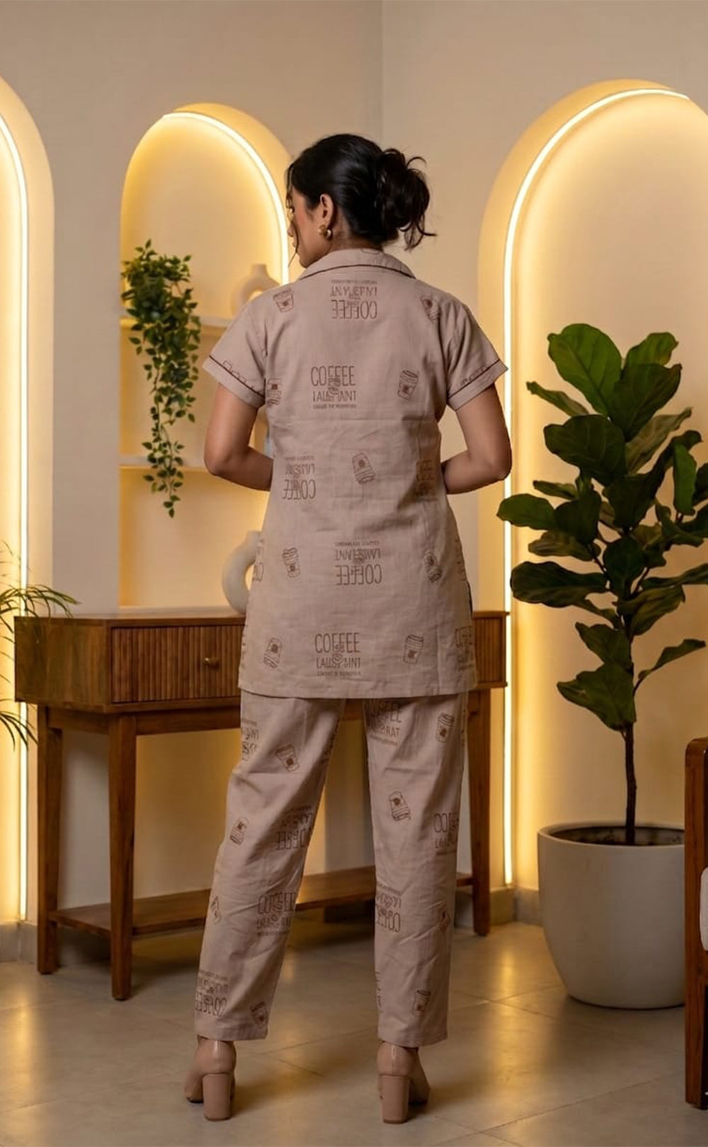 Coffee All-Over Text Printed Night Suit