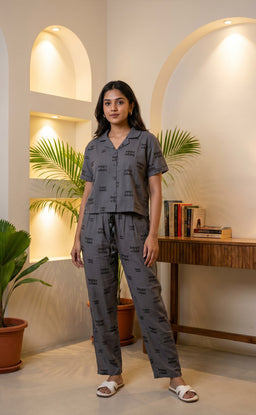 Dark Grey All-Over Text Printed Night Suit