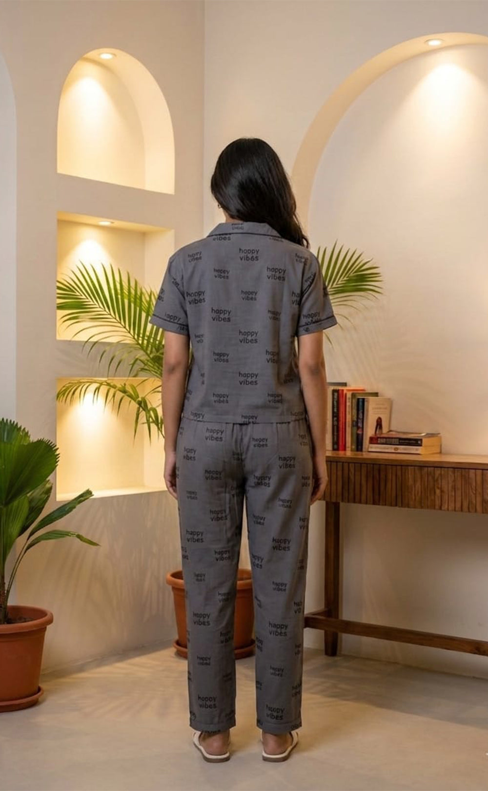 Dark Grey All-Over Text Printed Night Suit