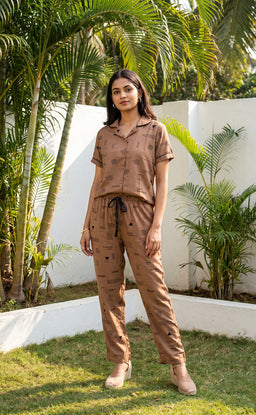 Brown All-Over Alphabet Printed Night Suit