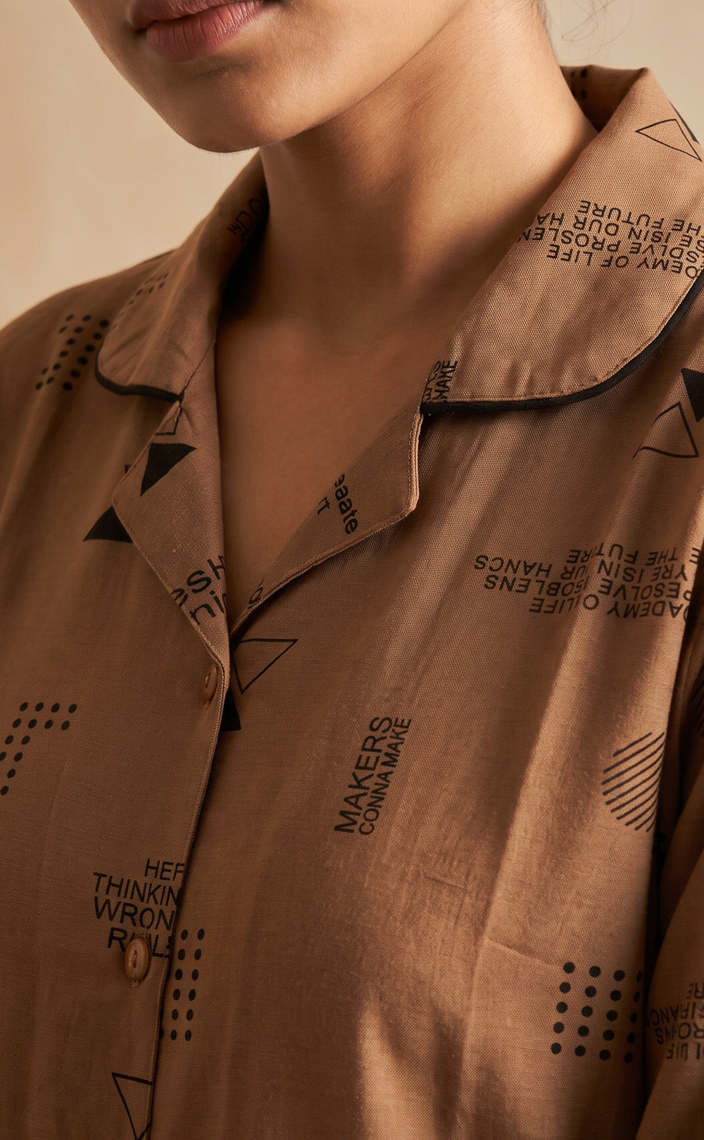 Brown All-Over Alphabet Printed Night Suit