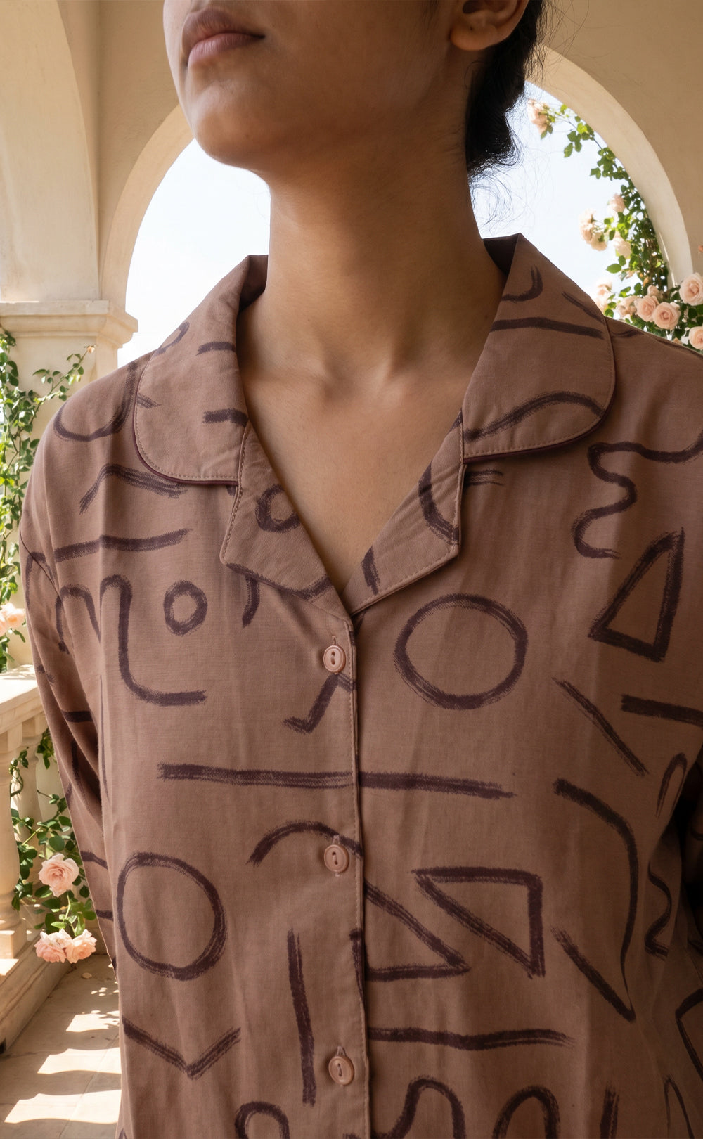 Coffee Colour All-Over Abstract Printed Night Suit