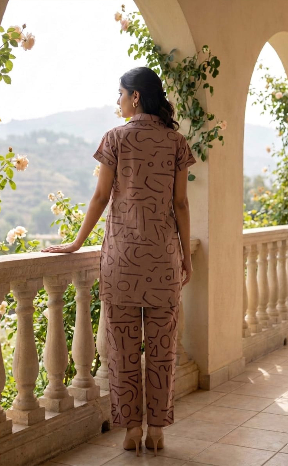 Coffee Colour All-Over Abstract Printed Night Suit