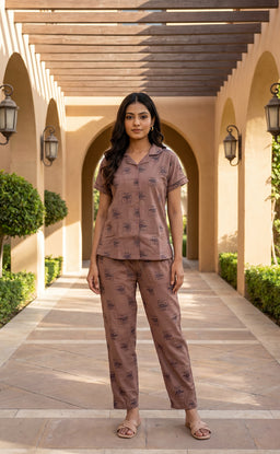 Pinkish Brown All-Over Placement Printed Night Suit