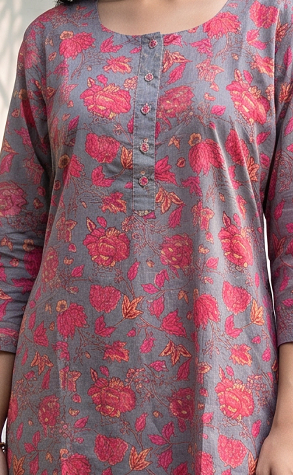 Grey And Pink Cotton All-Over Floral Printed Patiyala Set