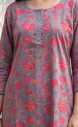 Grey And Pink Cotton All-Over Floral Printed Patiyala Set