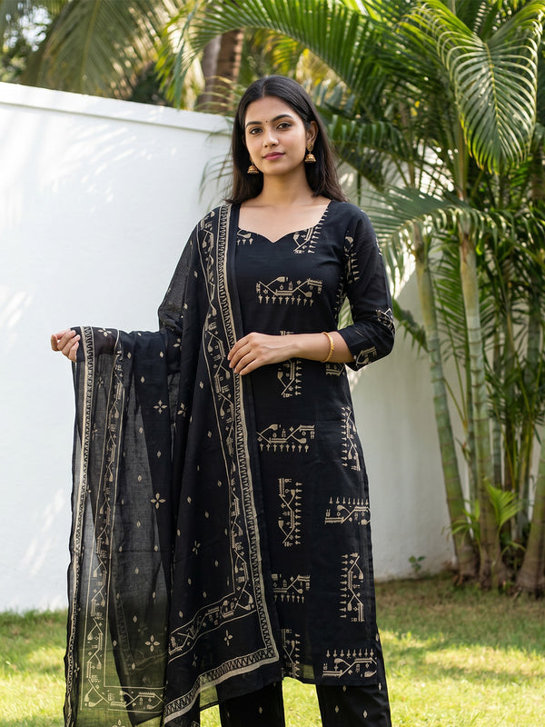 Black Cotton Abstract Printed Patiyala Set