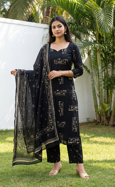 Black Cotton Abstract Printed Patiyala Set