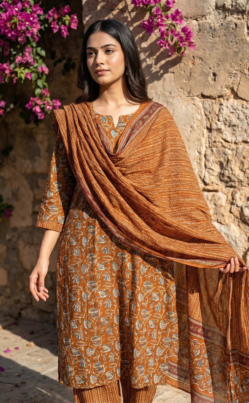 Warm Orange Cotton All-Over Floral Printed Patiyala Set