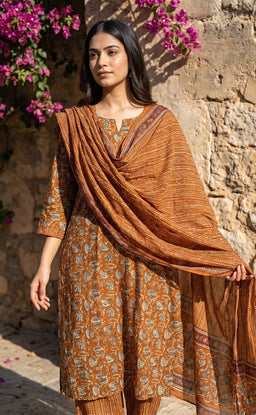 Warm Orange Cotton All-Over Floral Printed Patiyala Set