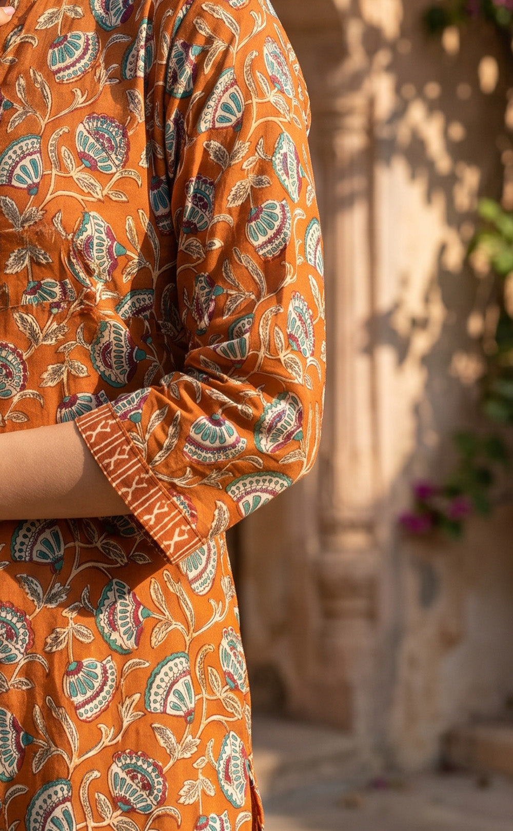 Warm Orange Cotton All-Over Floral Printed Patiyala Set