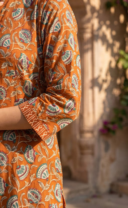 Warm Orange Cotton All-Over Floral Printed Patiyala Set