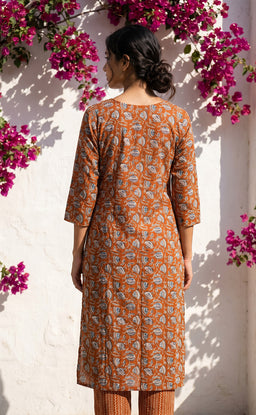 Warm Orange Cotton All-Over Floral Printed Patiyala Set