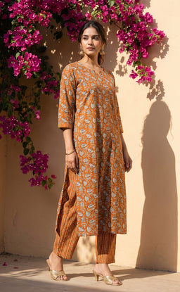 Warm Orange Cotton All-Over Floral Printed Patiyala Set