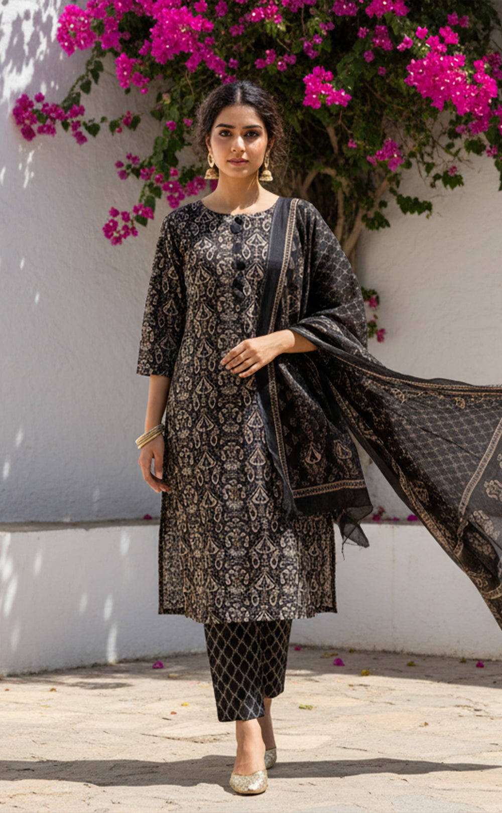 Black Cotton All-Over Floral Printed Patiyala Set